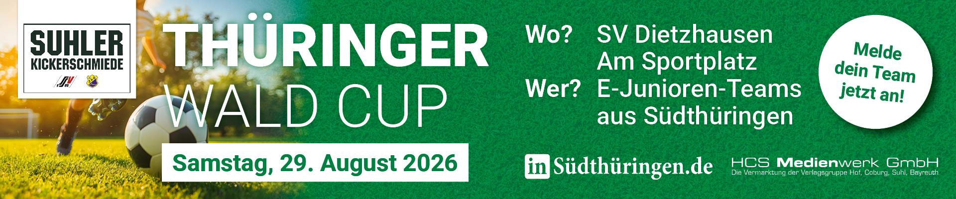 Banner for Thüringer Wald Cup: soccer event on Sat, Aug 29, 2026, with green background and logos on left and right.
